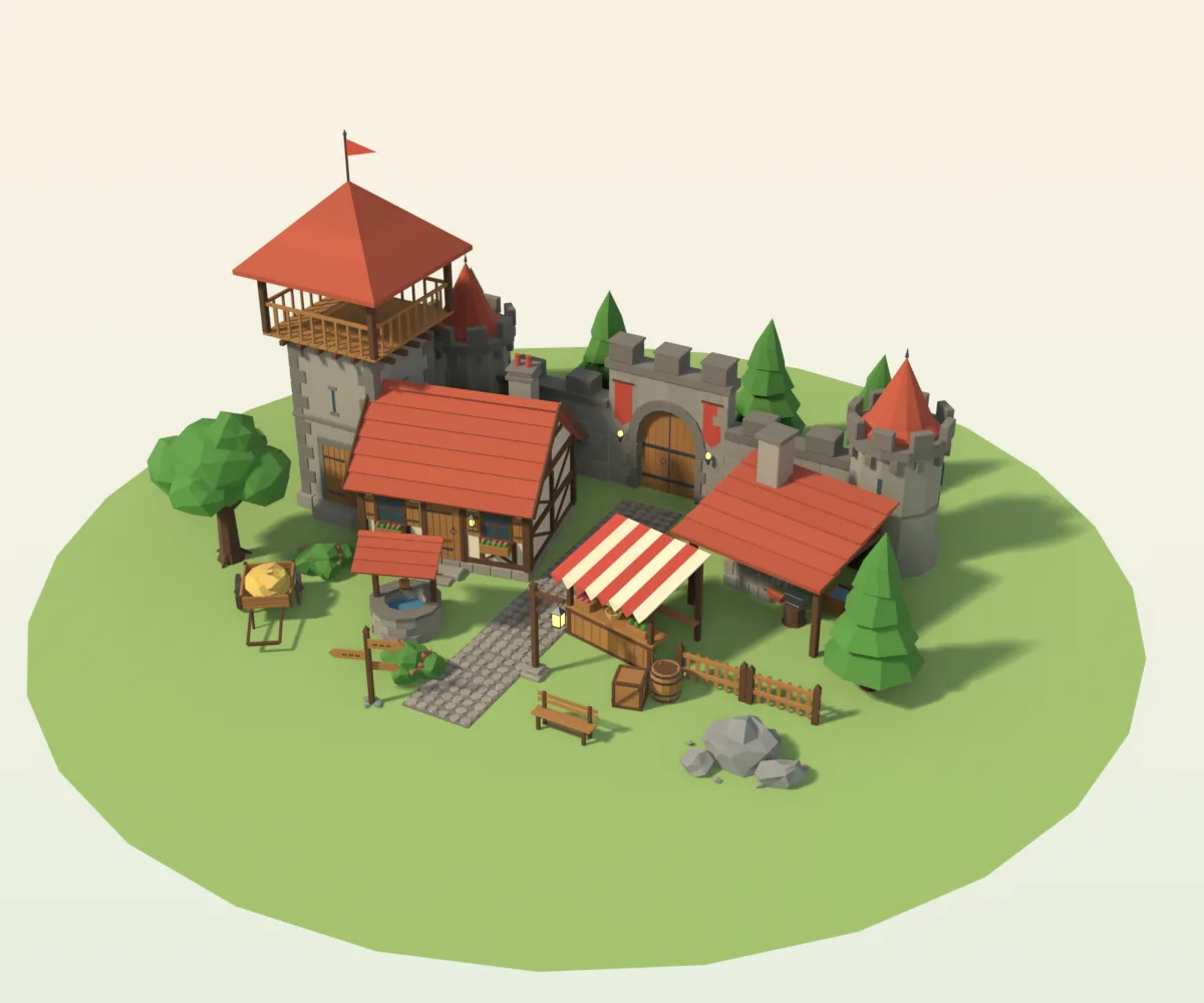 A medieval village built from the LowPolyCrate starter kit: cottage, watchtower, market stall, smithy, walls and gate on a grassy island